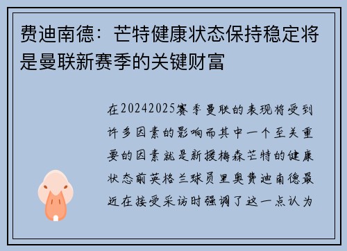 费迪南德：芒特健康状态保持稳定将是曼联新赛季的关键财富